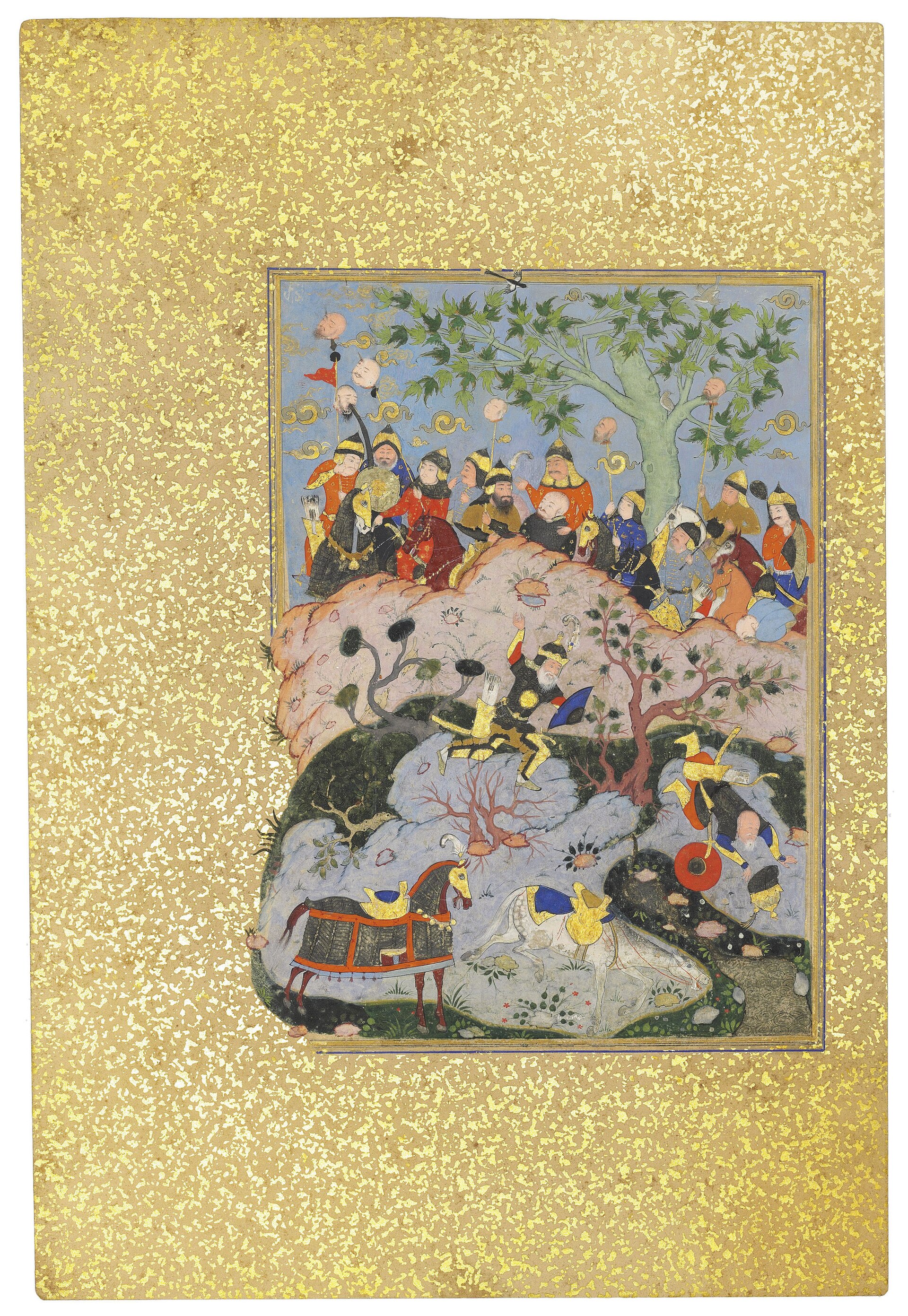 A KNIGHT DEFEATS ANOTHER SAFAVID HERAT, IRAN, 16TH CENTURY An illustration to a Persian epic, opaque pigments heightened with gold on paper, their steeds in the foreground, a knight tumbles forward, an army brandishing severed heads in the background, with wide gold-speckled borders. 15¼ x 10¼in. (38.7 x 26cm.) The style of our painting, in particular the execution of the tree leaves and the fine, round facial features of some of the beardless soldiers bear close resemblance to a painting attributed to Bihzad in the Museum of Fine Art Boston (14.569). The careful rendering of the wispy bearded warriors, the dark green ground with scattered flowers and the treatment of the shaded rocks also share close similarities with a painting attributed to Muahammadi from the late 16th century (Soudavar, 1992, p. 238-239, pl. 93). Our painting like the latter two examples is also attributable to Herat and illustrates the continuation of the work of masters such as Bihzad and Muhammadi by their later Safavid disciples. For a painting attributed to Safavid Herat that had similar treatment of the topographical elements such as the dark green ground with red flowers and defined rock formations, as well as the figures with similar features see Christie’s, London, 21 April 2016, lot 101. ]