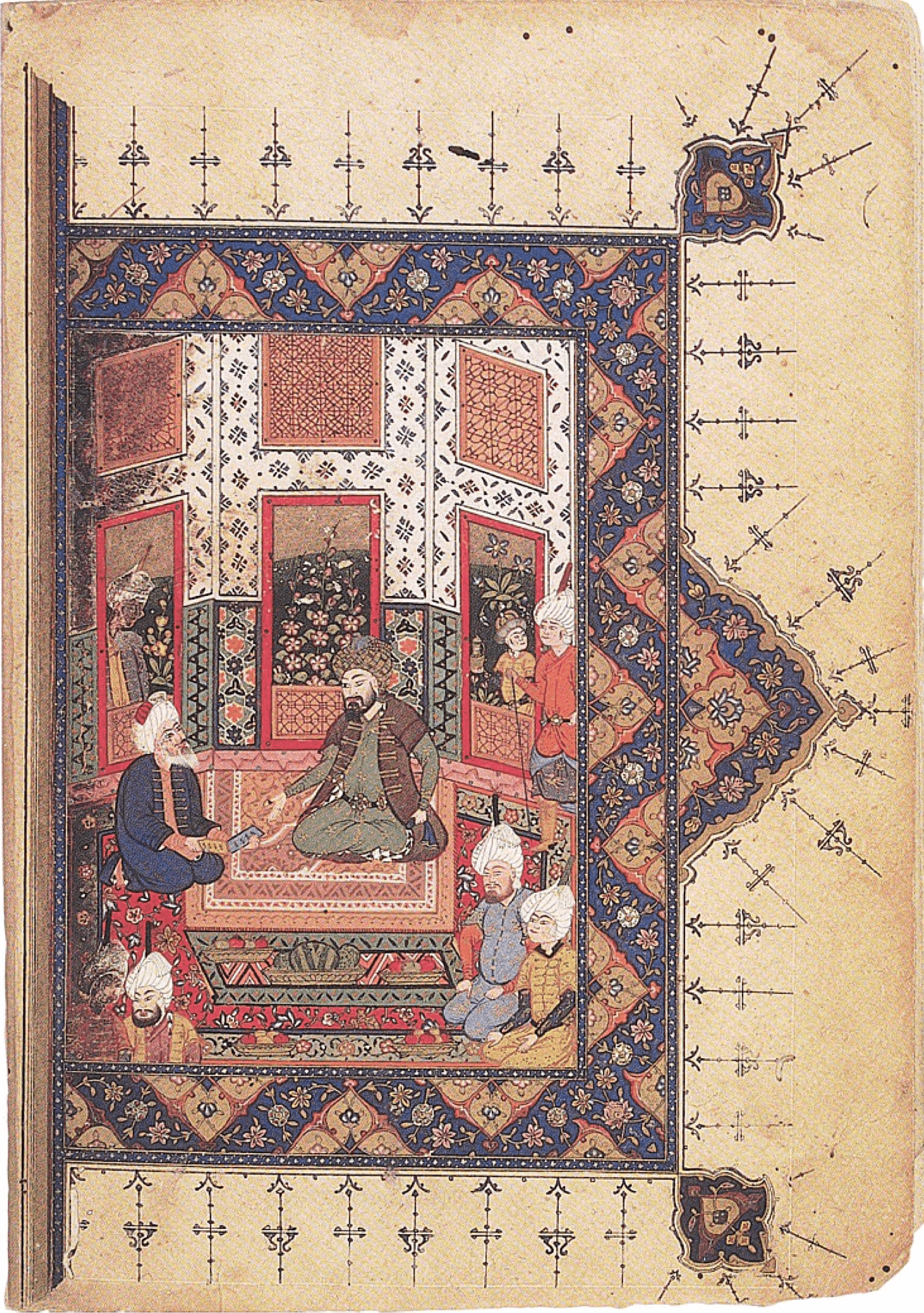Safavid Persian miniature depicting the poet Sanai in the audience of a Ghaznavid sultan; from Hadiqat al Haqiqa, dated 987/1579, currently held in Leiden University Library