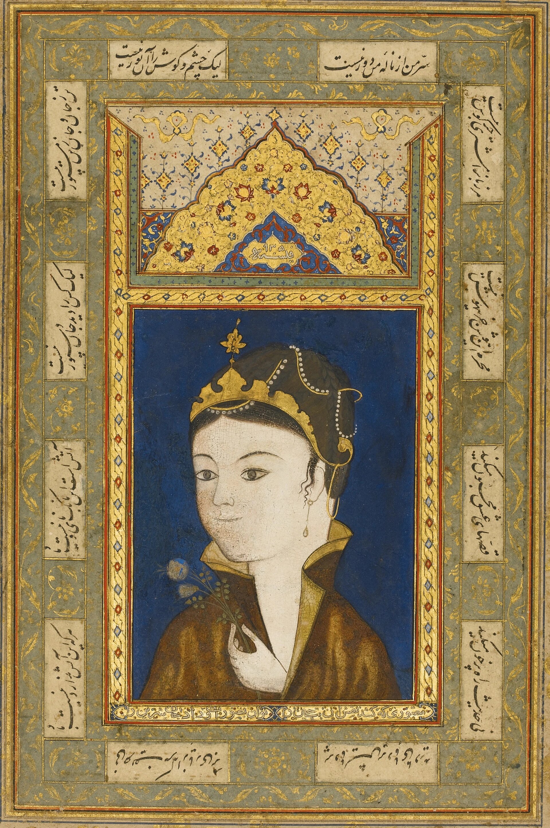 A princess holding a flower, from Safavid Iran, dated 1528 inscriptions below the miniature: "Who could have painted this paragon of Chinese (sic) beauty, and imbued her face with such sweet life" This is an intriguing portrait, depicting a princess with a stylised face, characteristic pearl-beaded skull-cap, high collared cloak and earrings, but with a Safavid crown worn over her forehead like a tiara. It must have been copied from a European print which had found its way to Persia. Whilst works copied from European prints were noted in Mughal India by the end of sixteenth and seventeenth centuries, Persian examples were much rarer. Although the date of this painting (1528) seems early in terms of style, it is quite feasible. A later version of the same princess was formerly in the Hagop Kevorkian collection, sold in these rooms, 1 December 1969, lot 71.