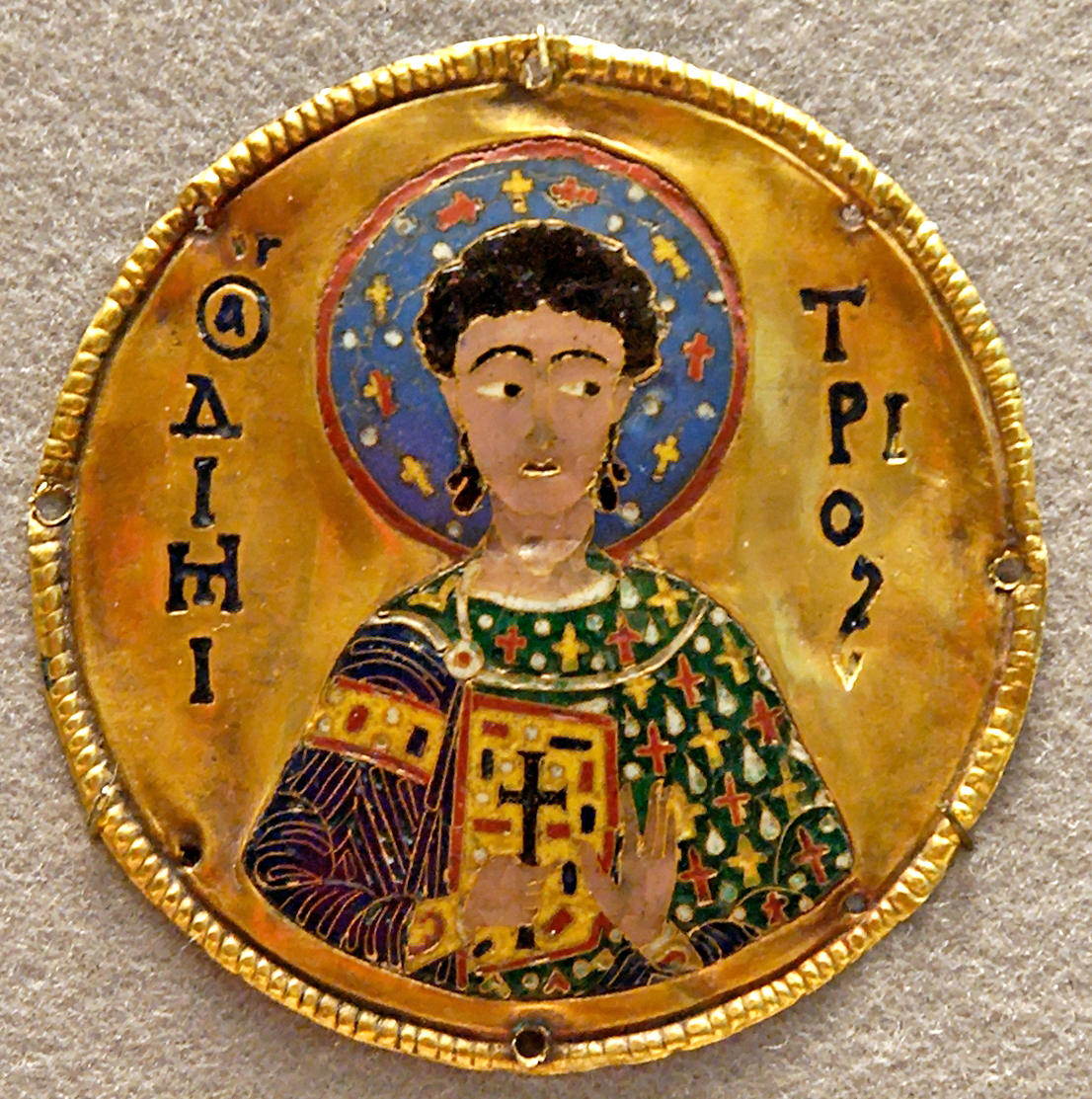 St. Demetrios. Byzantine medallion from the frame of an icon with St. Gabriel, housed in the Djumati Monastery, Georgia. Nine others medallions from the same frame are now in the Metropolitan Museum of Art.