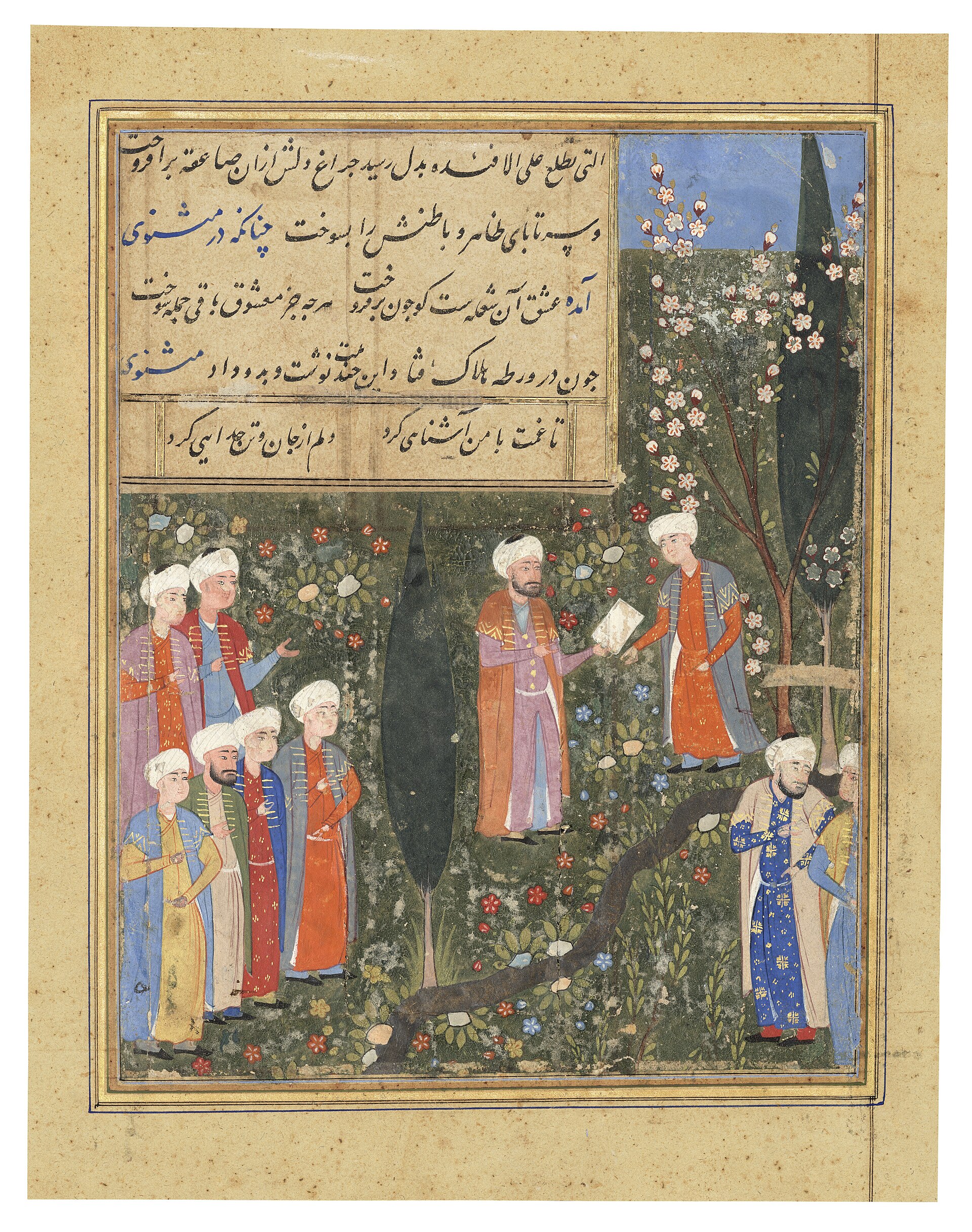 'ABDULLAH ANSARI WITH ABU AHMAD SAFAVID SHIRAZ, IRAN, SECOND HALF 16TH CENTURY An illustration to the Majalis al-‘Ushshaq of Gazurgahi, opaque pigments heightened with gold on paper, 5ll. black nasta'liq with keywords in blue set within a text panel set within the painting frame, set within gold and polychrome rules, the plain margins cropped, the verso with 14ll. black nasta'liq arranged in two columns set within gold and polychrome rules, pasted along the top edge to a later fabric lined card mount, framed and glazed Painting 6 1/8 x 4 ¾in. (15.5 x 12cm.); folio 7 ½ x 6 1/8in. (19.1 x 15.1cm.) The Majalis al-Ushshaq was written in the early 16th century by Kamal al-Din Gazurgahi who was appointed by Sultan Husayn Bayqara as Sheikh of the shrine of 'Abdullah Ansari, the subject of our illustration. The Baburnama written by the Mughal Emperor Babur devotes a section to discussing Kamal al-Din Gazurgahi and the text (translated by Wheeler M. Thackston, New York & London, 1996, p.220). A similar painting attributed to Shiraz circa 1560-70 was sold in these Rooms, 26 April 2018, lot 61.