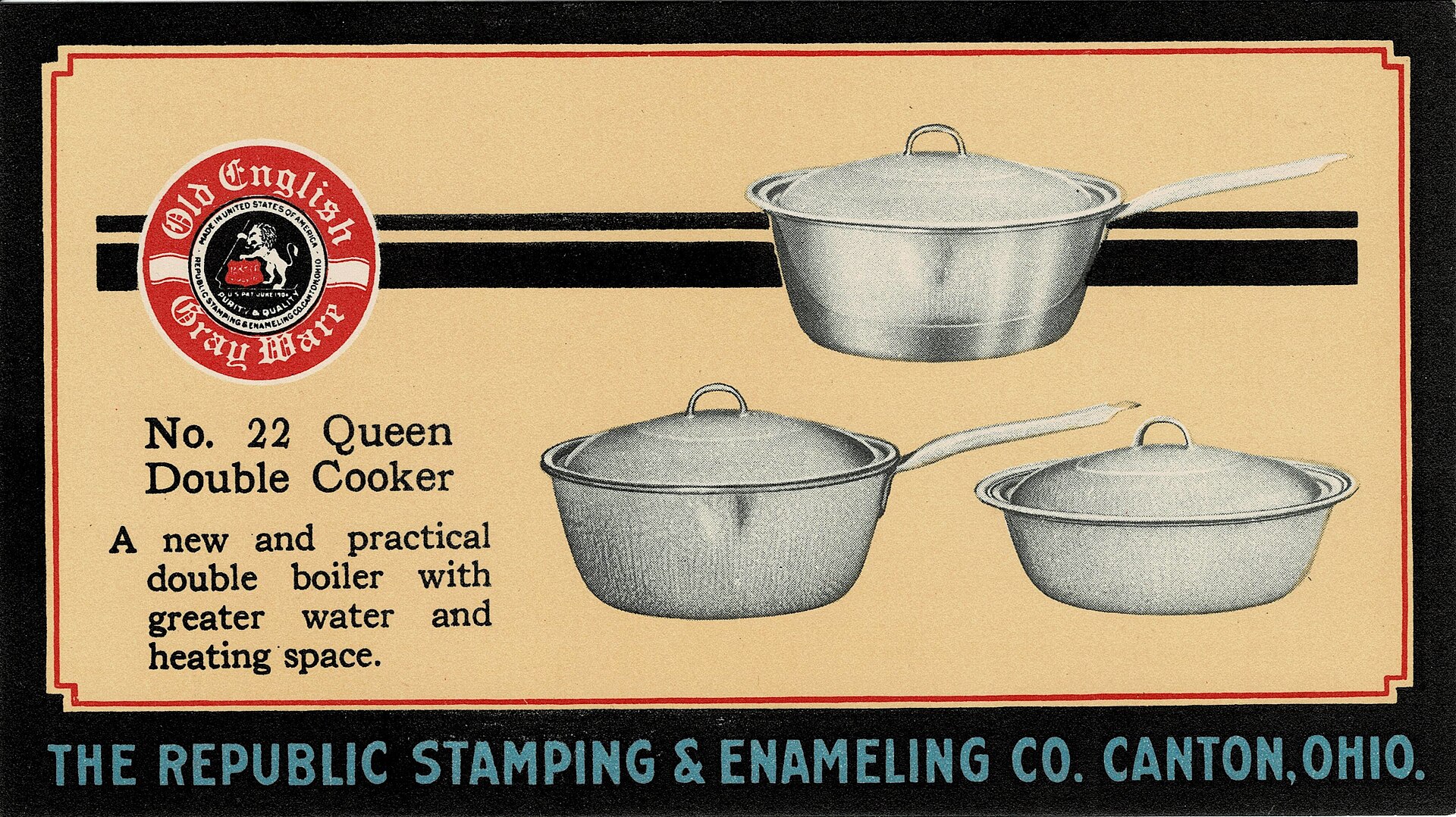 An advertising postcard for an enamel Queen Double Cooker manufactured by the Republic Stamping & Enameling Co. of Canton, Ohio