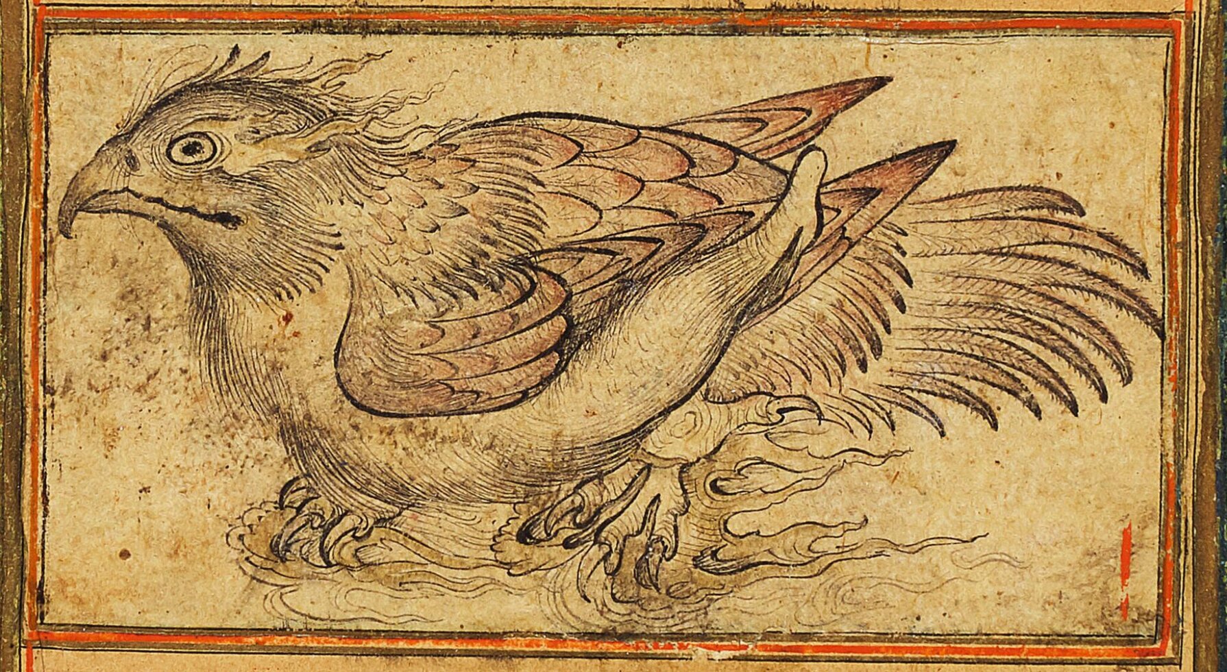 A Simurgh Chick, Safavid Iran, 17th century ink drawing on paper, mounted on an album page with inner borders of polychrome illumination heightened with gold, grey-green outer margins drawing: 4 by 8cm. leaf: 32.3 by 20.5cm.