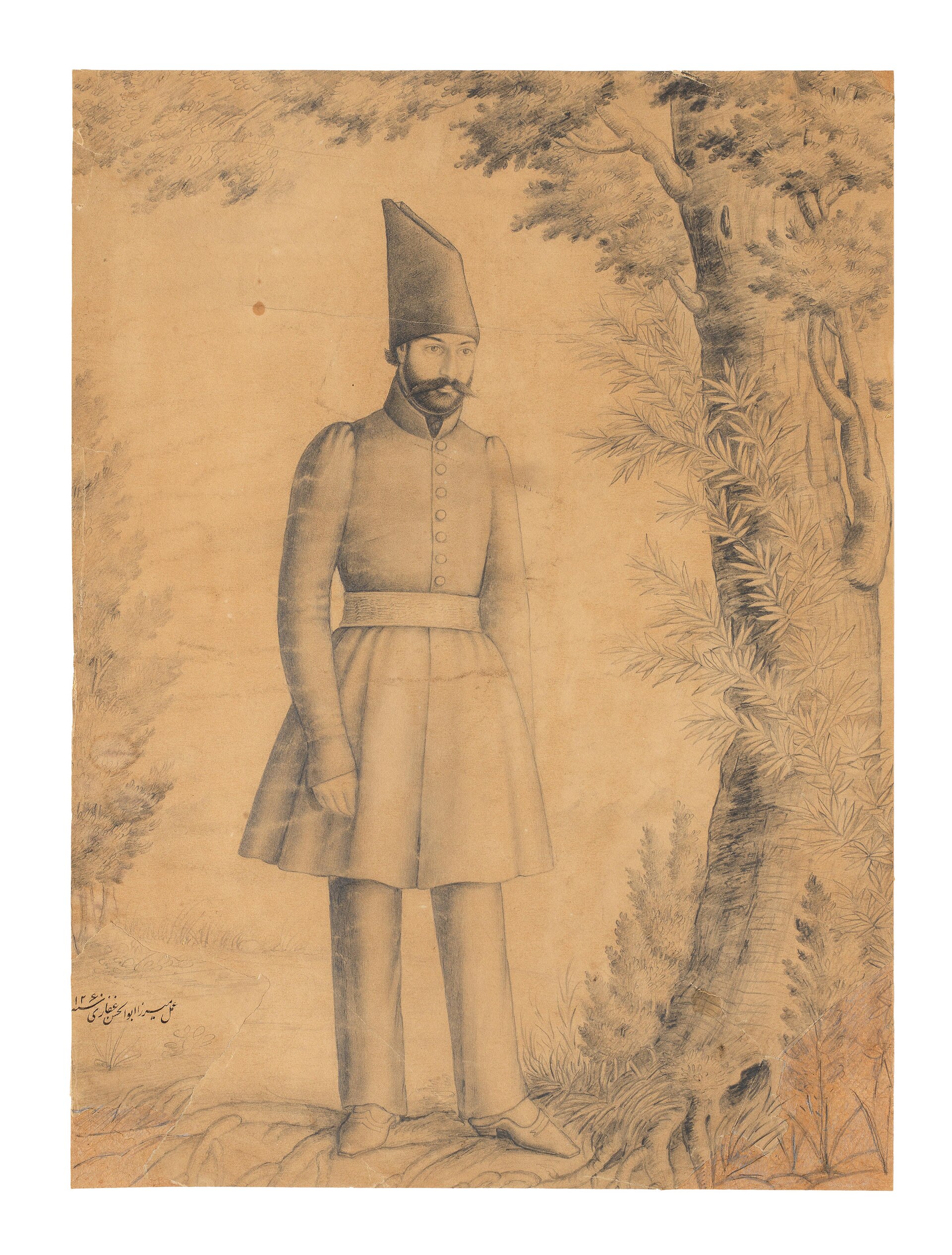A drawing of a Qajar prince, standing in a forest, attributed to Mirza Abu'l Hasan Ghaffari, Sani al-Mulk Persia, dated AH 1260/AD 1844-45 Pencil on paper, signed and dated lower left in nasta'liq script 433 x 317 mm. The signature reads: 'The work of Mirza Abu'l-Hasan Ghaffari, the year 1260/1844-45'. Abu'l-Hasan Khan Ghaffari, Sani' al-Mulk (1814-66) studied in Italy and was appointed the Chief Painter (naqqash-bashi) in AH 1267/AD 1850 and titled Sani' al-Mulk in AH 1277/AD 1860-61. He is most celebrated as a painter for his work and supervision of the production of the One Thousand and One Nights manuscript in the Gulistan Palace Library and the murals of the Nizamieh Palace. He was also involved with the College of Arts (dar al-funun) in Tehran and with the illustrations of the official newspaper of the time, in which he did the portraits of many high officials which were produced in lithograph forms. His recorded work is dated between AH 1258/AD 1842 and 1278/1862. (For more on him and his works, see: B. W. Robinson, N. D. Khalili, T. Stanley, Lacquer of the Islamic World: Part II, London 1997,p. 154; and M. A. Karimzadeh-Tabrizi, The Lives & Art of Old Painters of Iran, Vol. I, London 1985, pp. 23-34; and the article by B. W. Robinson in Encyclopaedia Iranica. The figure has not been securely identified, but one possible candidate is Dust 'Ali Khan, Mu'ayyir al-Mamalik (1819-73), a prominent courtier and Court Treasurer, who appears in a fine portrait in watercolour by Ghaffari, dated to 1845-55 (see Christie's South Kensington, The Saeed Motamed Collection, Part I, 22nd April 2013, lot 248; a portrait of him dated 1846 by Mirza Baba al-Isfahani al-Imami is illustrated and discussed in L. Diba (ed.), Royal Persian Paintings: the Qajar Epoch 1785-1925, Brooklyn 1999, pp. 226-227, no. 68.