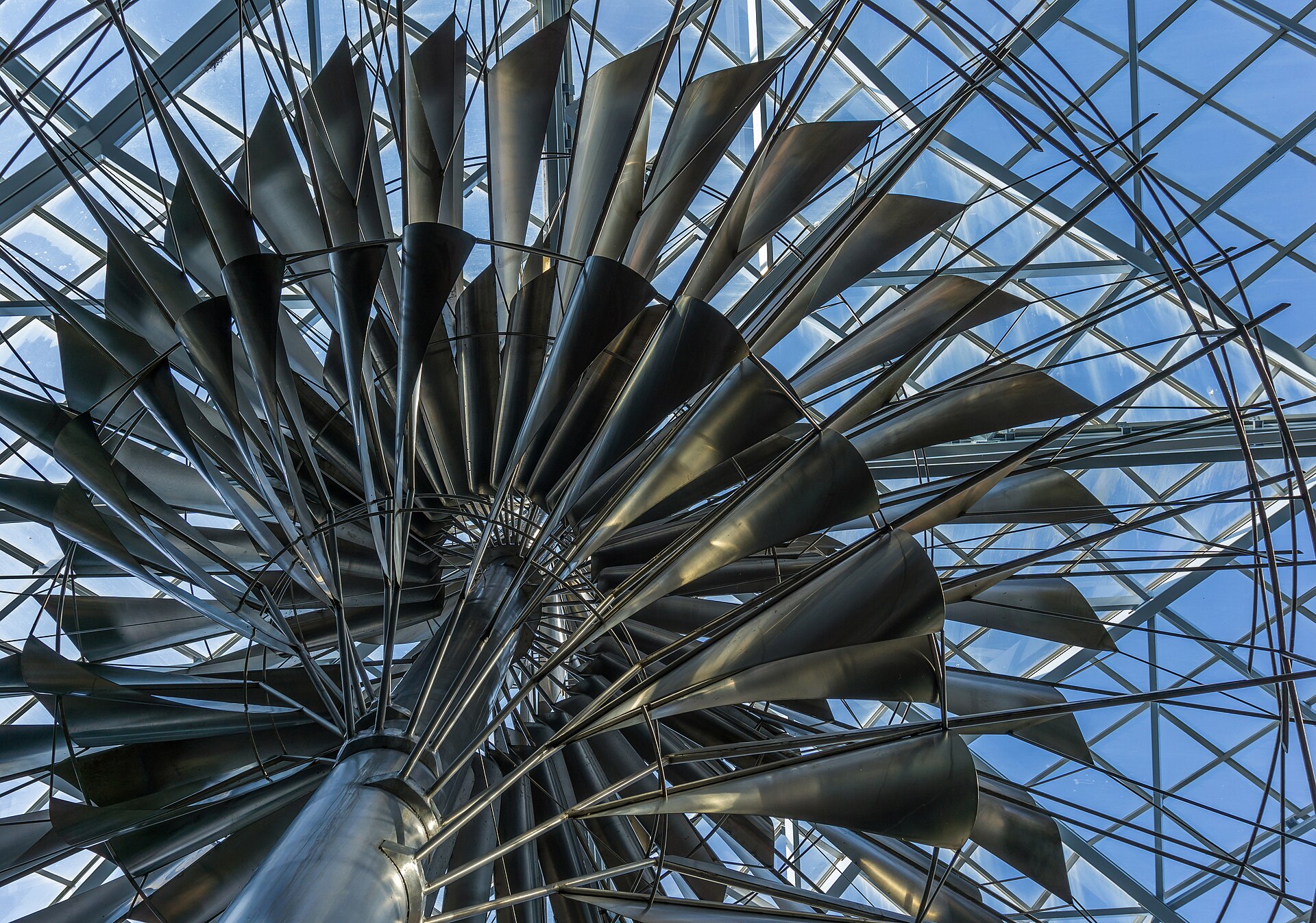 View from below of Dynamic Mobile Steel Sculpture , an abstract sculpture from 1979 by Canadian artist George Norris (1928-2013). The statue is located in a foyer of the Central Branch of the Great Victoria Public Library (between Broughton and Courtney St), Victoria, British Columbia, Canada