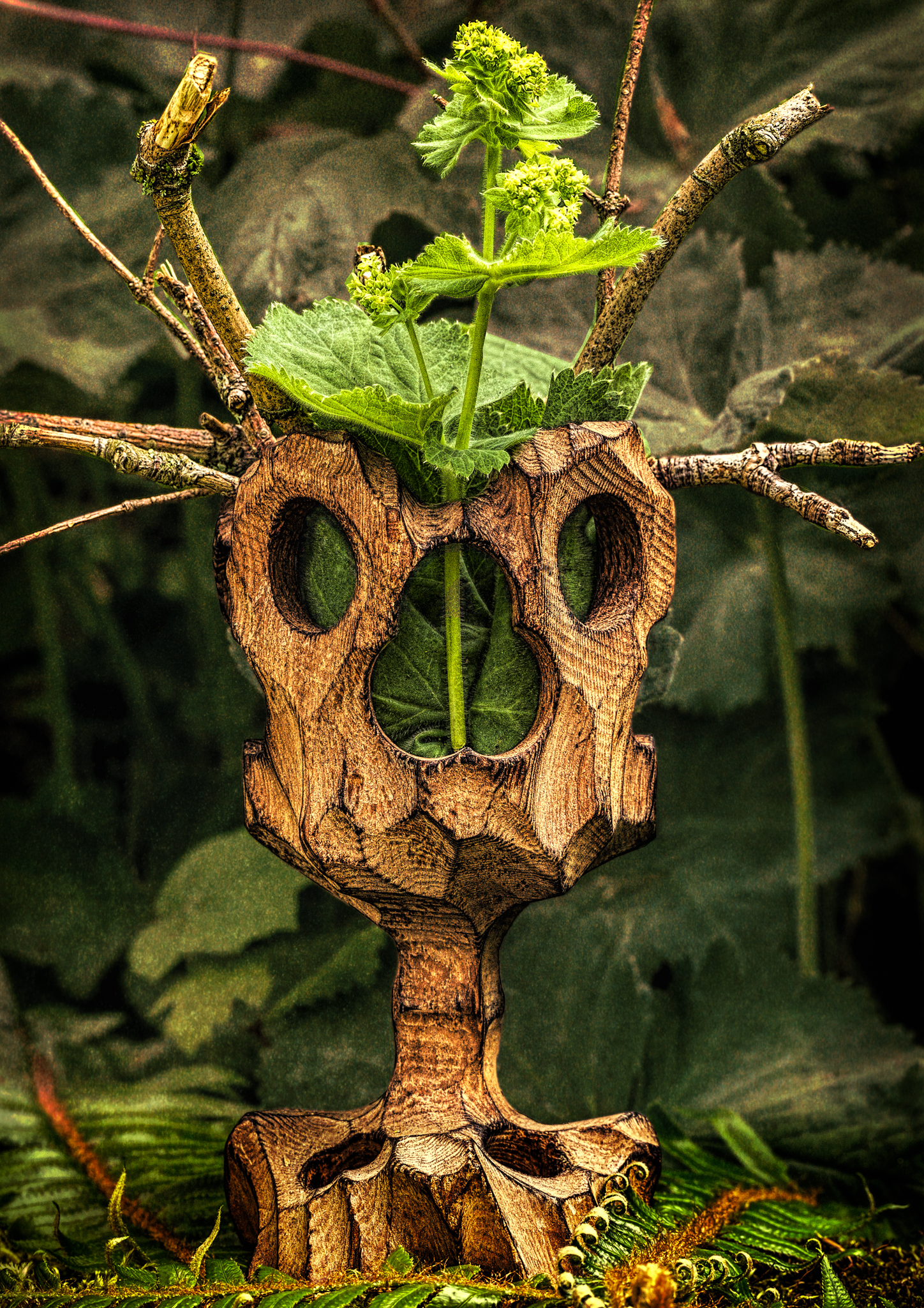 Wood candlestick, about 6 inches tall. The bottom was used for my Macro Mondays Pareidolia image, but then I noticed the top looked like a face as well - maybe a strange bird (or a tropical totem, after adding some twig and weed feathers).