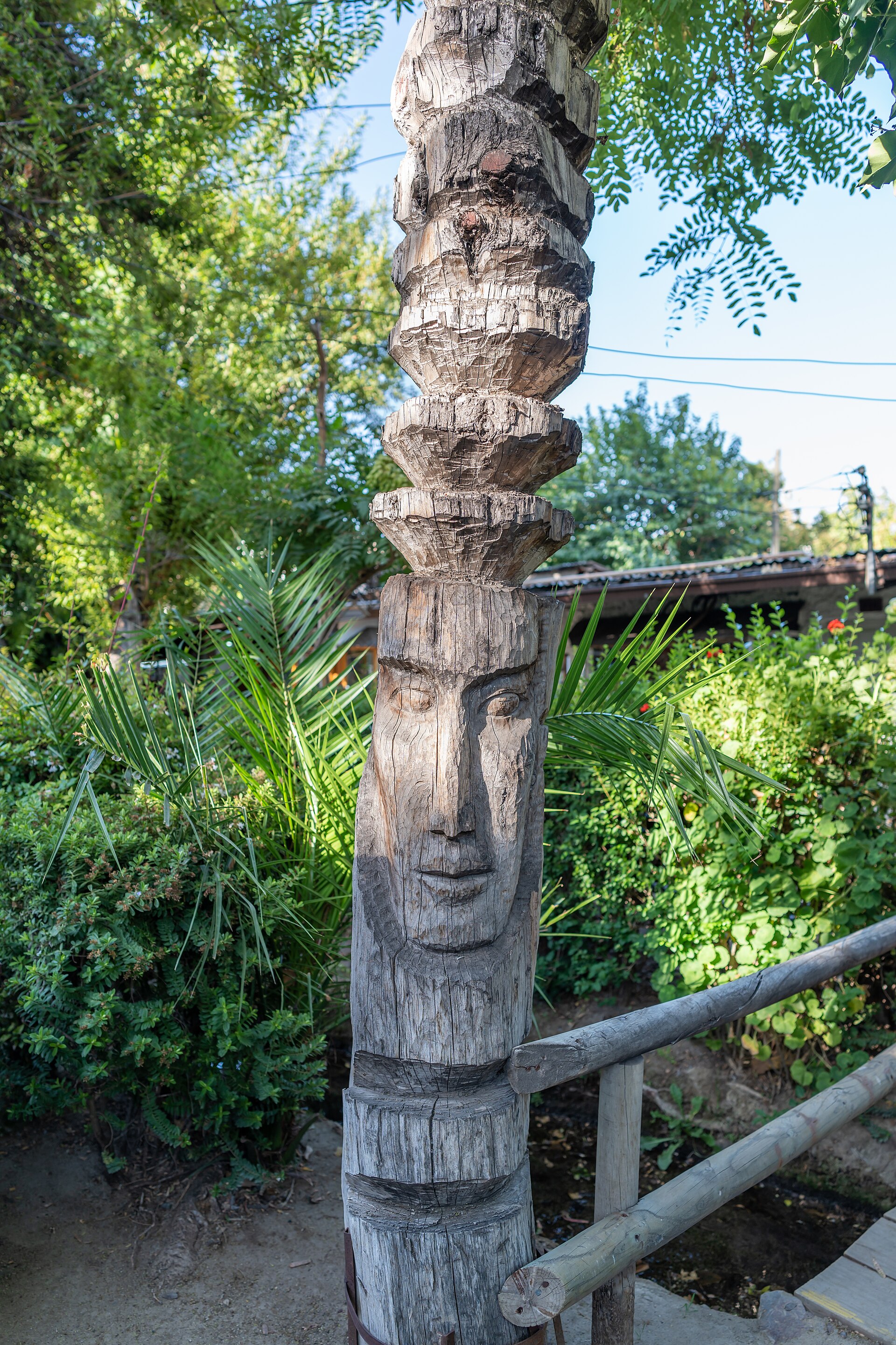 Face carved in tree.