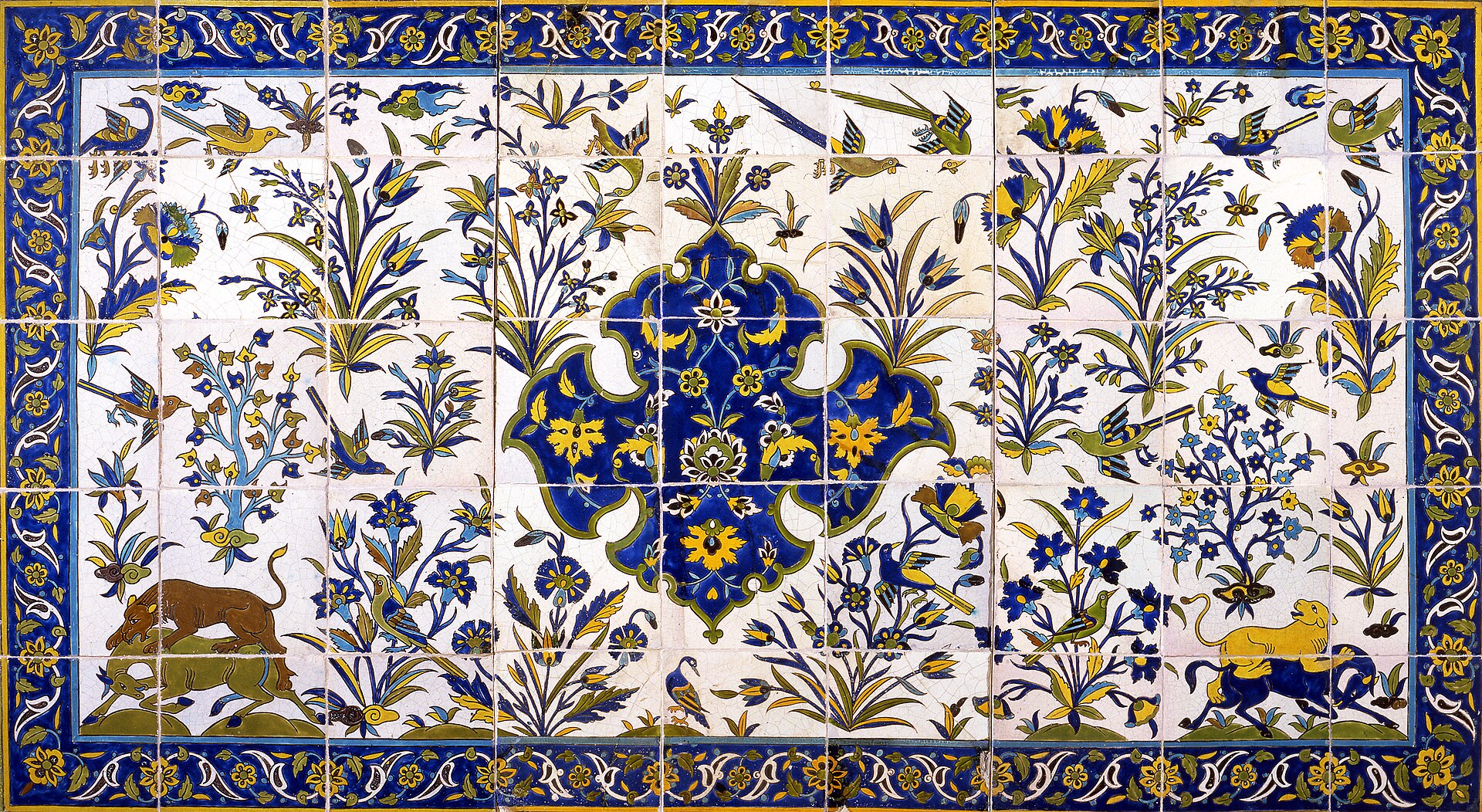 painted tiles with design of birds, hunting and nice flowers from Qajar dynasty