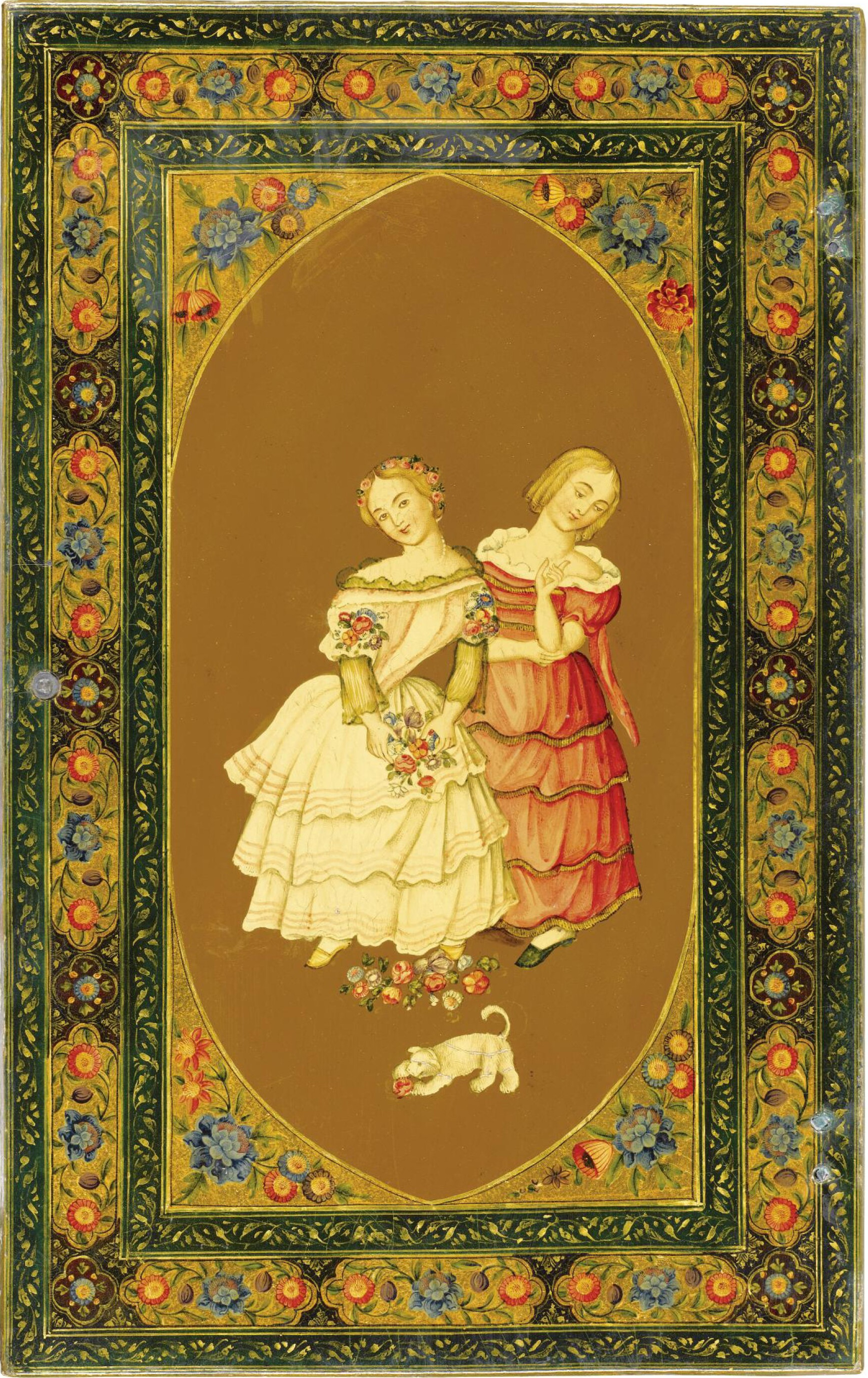 A Qajar Lacquer mirror-case signed by the artist Ja'far Najaf 'Ali, probably Isfahan, dated 1857 28.5 x 19cm. Papier-mache covers, the exteriors decorated with a family in European attire having a meal and at prayer in the courtyard of a domed Armenian church in New Julfa, flanked by hunting scenes and portraits of maidens, inside with two maidens and a dog playing with a rose, signed 'raqam-i qamtarin Ja'far Najaf'Ali', with mirror Catalogue Note Another mirror-case depicting an outdoor scene with an almost identical domed Armenian church in the background, signed by Najaf'Ali, can be found in the Nasser D. Khalili Collection (Khalili, Robinson and Stanley 1997, vol. II, no. 234, pp.38-9).