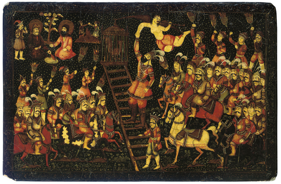 A QAJAR LACQUER PAPIER MACHE PANEL, IRAN, 19TH CENTURY Of rectangular form, depicting a night scene with a Shah climbing a ladder aided by an angel, an army at his feet - 25 x 16 1/2in (63.5 x 42cm)