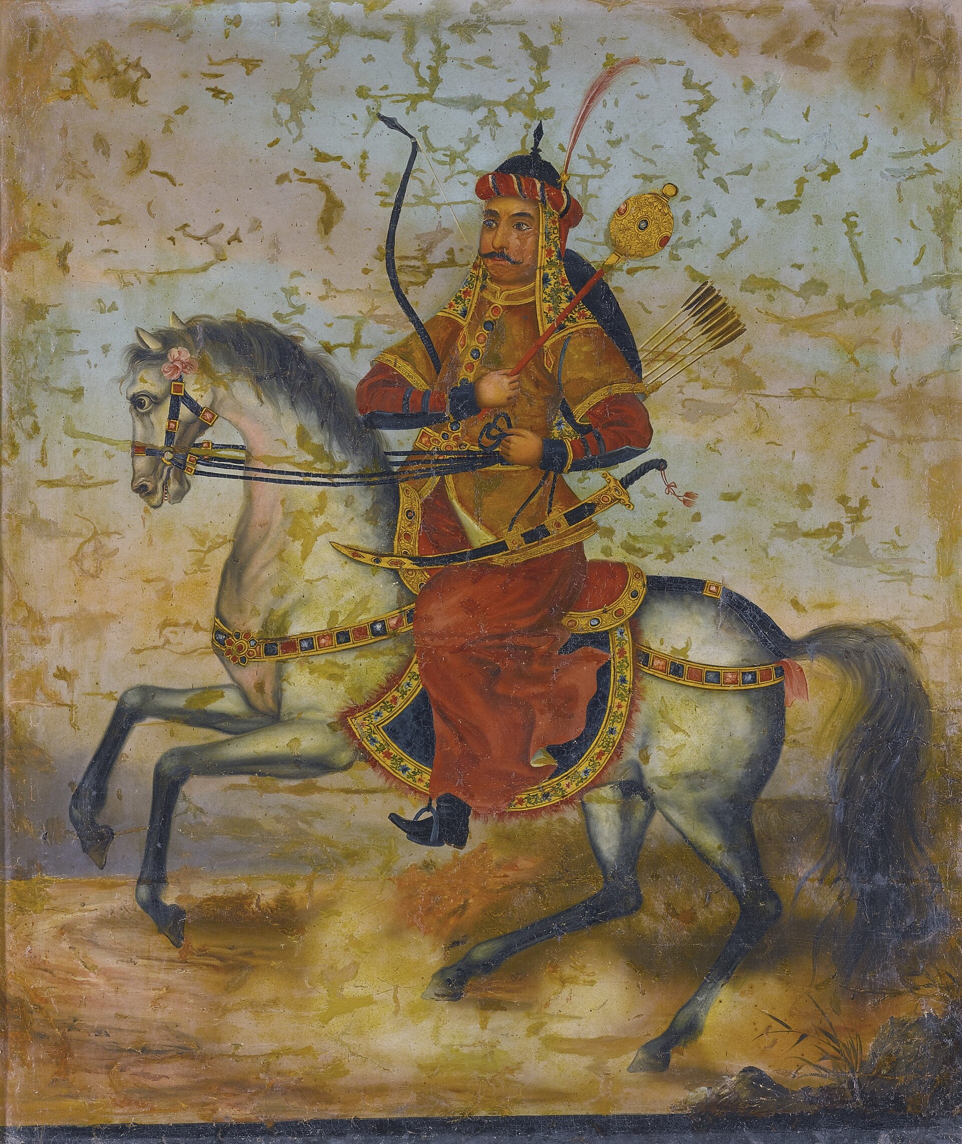 A heavily-armed prince on horseback, Persia, Qajar, 19th century 92 by 80.5cm. framed Oil on canvas, depicting a rider on horseback holding a mace, carrying a bow and arrows, framed A painting from a similar series, depicting an armed rider on horseback is in the Gayer Anderson Museum, Cairo.