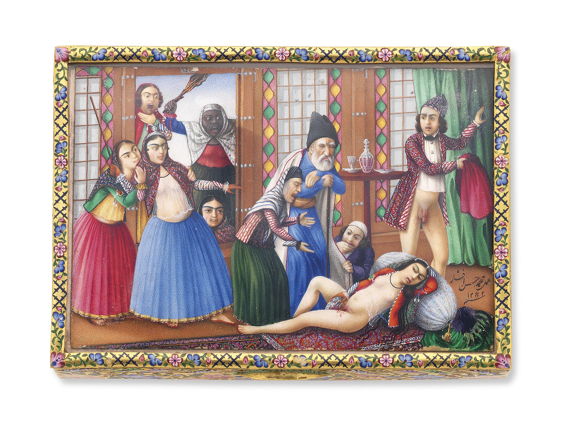 A QAJAR ENAMELLED GOLD BOX SIGNED MUHAMMAD HASSAN AFSHAR, IRAN, POSSIBLY SHIRAZ, DATED AH 1262/1845-46 AD Of rectangular shape, the lid with glazed wedding scene painted on paper, framed within engraved and enamelled cross motifs alternating with flowers in pink and blue, floral pattern and chevron bands with foliate motifs on the sides 3 7/8 x 2 ¾in. (9.8 x 7cm.) Two artists with the name of Muhammad Afshar were active at the Qajar court. The artist responsible for the painting on the lid of this enamel box is the first and more celebrated Muhammad Afshar Urumi, who in addition to being well-known as a painter of large formal court portraits, was also a gifted calligrapher, illuminator, caricaturist and lacquer painter (Layla S. Diba, Royal Persian Paintings, the Qajar Epoch, New York, 1999, pp.225-227). Muhammad Afshar is described by I‘itimad ul-Saltaneh as a mute (lal), presumably meaning that he had not learned to speak due to his deafness. The French traveller Xavier Hommaire de Hell also discusses meeting the artist in Tabriz in November 1847, ‘Today we received a visit from the most famous Persian painter, a deaf mute about 40-year-old, who brought us a pen box covered with paintings of heaven and hell’. The pen box referred to by Xavier was sold Sotheby’s, London, 9 October 1978, lot 187. Muhammad Afshar commonly used the title naqqash-bashi (painter laureate) on works he produced from AH 1261 (AD 1845-6), although he has not used this title on our box. The scene depicted on the box demonstrates the artist's sense of the art of caricature. The painting is extremely accomplished, vividly representing the variety of emotions excited by the discovery, heightening the psychological content of the painting. The scene of interrupted lovers appears to have been a popular subject during the Qajar period, and was repeated by several artists. Another painting of the same scene by Muhammad Afshar painted seven years later is housed in the Khalili collection, see Khalili, Robinson and Stanley, Lacquer of the Islamic Lands, The Nasser D. Khalili of Islamic Art, Part One, London and New York, 1996, pp.149-50, fig.362. A further painting, a large-scale oil on canvas, attributable to Abu'l Hasan Khan Ghaffari, sold in these Rooms, 17 April 2007, lot 284. The gold enamelled box upon which the painting is mounted is of superior quality. An enamelled box with similar designs was sold at Sotheby’s, London, 22 April 2015, lot 203.