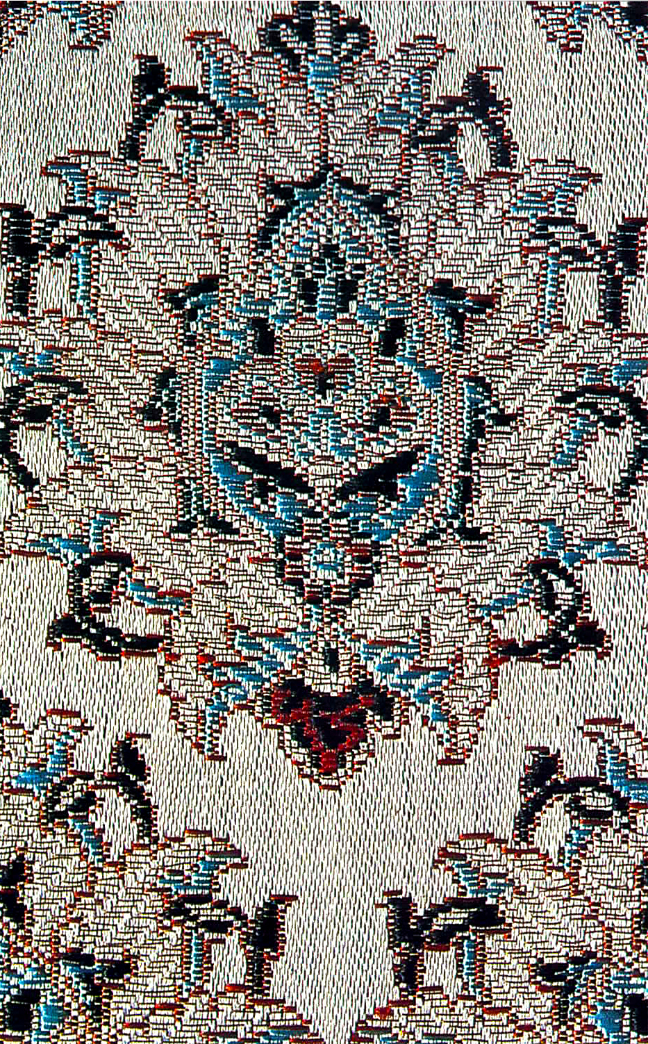 Persian Silk Brocade. Persian Textile (The Golden Yarns of Zari - Brocade). Silk Brocade with Silver Thread ( Golabetoon ). Texture Type: Lower Warp (Brocade Atlasi) . Draw Loom. Pattern and Design: Large Flower, Cypress (Gol Dorosht-e Sarvi) , With Main Repeating Motif. Brocade weaver: Master Seifollah Monajati Kashani. 1971 A.D. Brocade Designer (Pattern Designer): Master Mohammad Tarighi. 1968 A.D. Pahlavi Dynasty. the Ministry of Culture and Art . Honarhaye Ziba workshop.