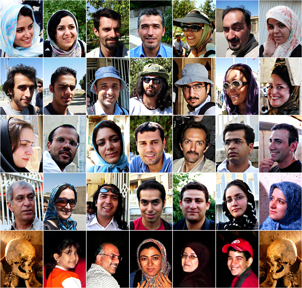 Soudeh asked me to generate portraits mosaic of attendants of 3rd Iranian Flickr Gathering in Hamadan. I know, I'm too late ;) We were 33 persons, from 7 to 58 years, from Tehran, Isfahan, Mashhad, Hamadan, Tabriz, Paris (France), and Vienna (Austria). My other photos of this gathering can be found here and all gathering photos can be found here. This photo was added to flickr explore (interestingness) of 27 August 2006. About Hamadan (from this sorce by HORIZON, originally from WikiPedia): more information: en.wikipedia.org/wiki/Hamedan Hamedan is the capital city of Hamadan Province of Iran. It had an estimated population of 550,284 in 2005. Hamadan is believed to be amongst the oldest Iranian cities and one of the OLDEST in the world. Hamadan is a green mountainous area on the foothills of the 3574-meter Alwand Mountain,in the mid west of Iran. The city is 1850 meters above sea level. The special nature of this old city and its historic sites attract tourists during the summer to this city, located approximately 400km southwest of Tehran. History Golden Rhyton from Iran's Achaemenid period from Ecbatana. National Museum of Iran.Hamadan has a distinguished place among all historical cities of Iran and geographically located at 34°51'N 48°31'E.Some historians believe that Hamadan's construction dates back to 3000 BC and according to an inscribtion from the first Assyrian king , it is aributed to 1100 BC. Hamadan was established by the Medes, and was the capital of the Median empire. It became then one of the multiple capital cities of the Achaemenid Dynasty and it has been referred to by several name variations throughout its long history, namely: Ecbatana (Median), Ecbatana (classical Greek rendition of Hagmatana) and several corruptions or mispronunciations of the previous two in subsequent centuries. During the Parthian era, Ctesiphon was the capital of the country, and Hamadan the summer capital and residence of the Parthian rulers. After the Parthians, the Sassanids constructed their summer palaces in Hamadan. In the year 633 the war of Nahavand took place and Hamadan came into the hands of the muslim Arabs, at times it thrived and at times it witnessed poverty. During the Buwayhids , it suffered much damage. In the 11th century, the Seljuks shifted their capital from Baghdad to Hamadan. The city of Hamadan which was always assaulted by the rise and fall of powers, was completely destroyed during the Timurid invasion. During the Safavid era the city thrived. Thereafter, in the year 18th century, Hamadan was surrendered to the Ottomans, but due to the courage and chivalry of Nadir Shah Afshar, Hamadan was cleared off the invaders and according to the peace treaty between Iran and the Ottomans , it was returned to Iran. The city of Hamadan lay on the Silk Road and even in the last centuries enjoyed good prospects in commerce and trade being on the main road network in the western region of the country. Climate Hamadan province lies in a temperate mountainous region to the east of Zagros. The vast plains of the north and northeast of the province are influenced by strong winds, that almost last throughout the year. The various air currents of this region are: the north and north west winds of the spring and winter seasons, which are usually humid and bring about rainfall. The west-east air currents that blow in the autumn, and the local winds that develop due to difference in air-pressure between the elevated areas and the plains, like the blind wind of the Asad Abad region. Hamadan being in the vicinity of the Alvand mountains has a cold, mountainous climate, with snowy winters. In fact it is one of the coldest cities in Iran. The temperature may drop below -30 °C on the coldest days. Heavy snowfalls are common during winter. Summer is short , and the weather is mild and pleasant and mostly sunny. Culture An example of a traditional Rug of Hamedan.Hamadan is also home to many poets and cultural celebrities. The city is also said to be among the world's oldest continuously inhabited cities. Handicrafts Hamadan has always been well-known for handicrafts like leather and ceramic work as well as for its beautiful carpets. Iran's Cultural Heritage Organization lists 207 sites of historical and cultural significance in the city of Hamedan alone. Legend has it that the biblical Esther is buried in Hamedan. The scientist and writer known in the west as Avicenna (Abu Ali Sina) is buried in Hamedan. The 11th century Persian poet Baba Taher is also interred in Hamedan. Contemporary Culture People of Hamedan are very proud of their old history. Another source of their pride is Avicenna (aka Bouali, Buali, Ebn-e-sina, Pur-e-Sina) who is buried in Hamedan. In Hamedan, you can find primary schools, secondary schools, high schools, colleges, and the main city's university names after him. Also, there are many shops and businesses named after him. The main street of Hamedan is also named Bouali. Bouali Street is a very busy one and in fact, a favorite pastime of Hamedanians is to troll up and down the street where they frequently bump into their acquaintances. Attractions Avicenna (Abu Ali Sina) Ibn Sina mausoleum Baba Tahir Mausleum Ali Sadr Cave Gonbad-e Alavian Ganj Nameh Hamedan Stone Lion Estakhr e Abbas Abad (an over-the-hill lake with a magnificent view to the city Nazari House Hamedan Museum of Natural History Excavated Ancient Ecbatana City Sister cities: Kulyab, Tajikestan