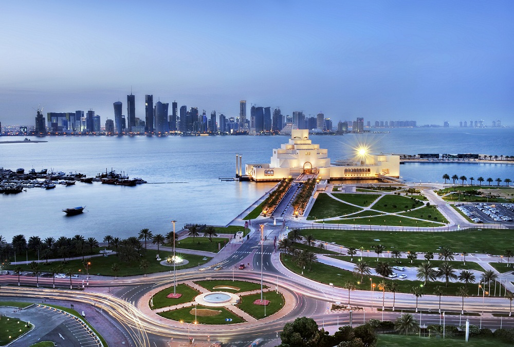 Museum of Islamic Art in Doha, with the city skyline in the background.