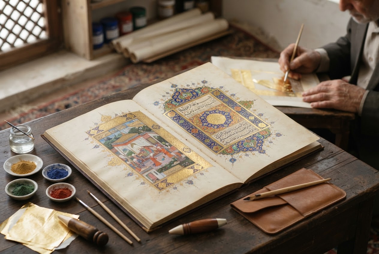 Página ornamental de manuscrito histórico com caligrafia clássica, molduras douradas e arabescos detalhados