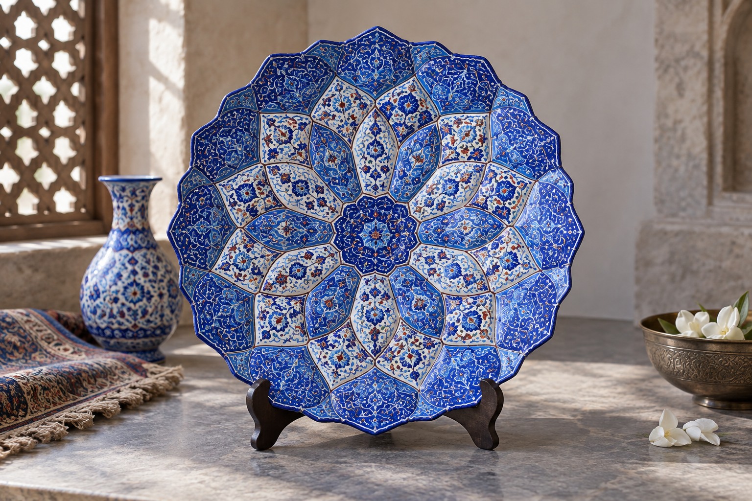 Illustration d’une assiette festonnée bleue et blanche à motifs floraux persans, présentée sur un support.