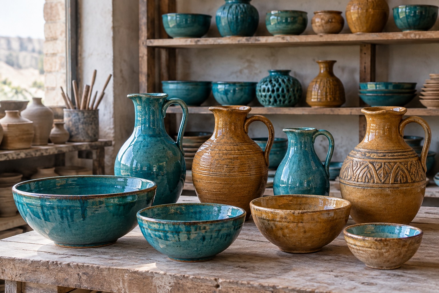 Illustration de bols et de pichets en céramique émaillée turquoise et ocre dans un atelier de poterie.