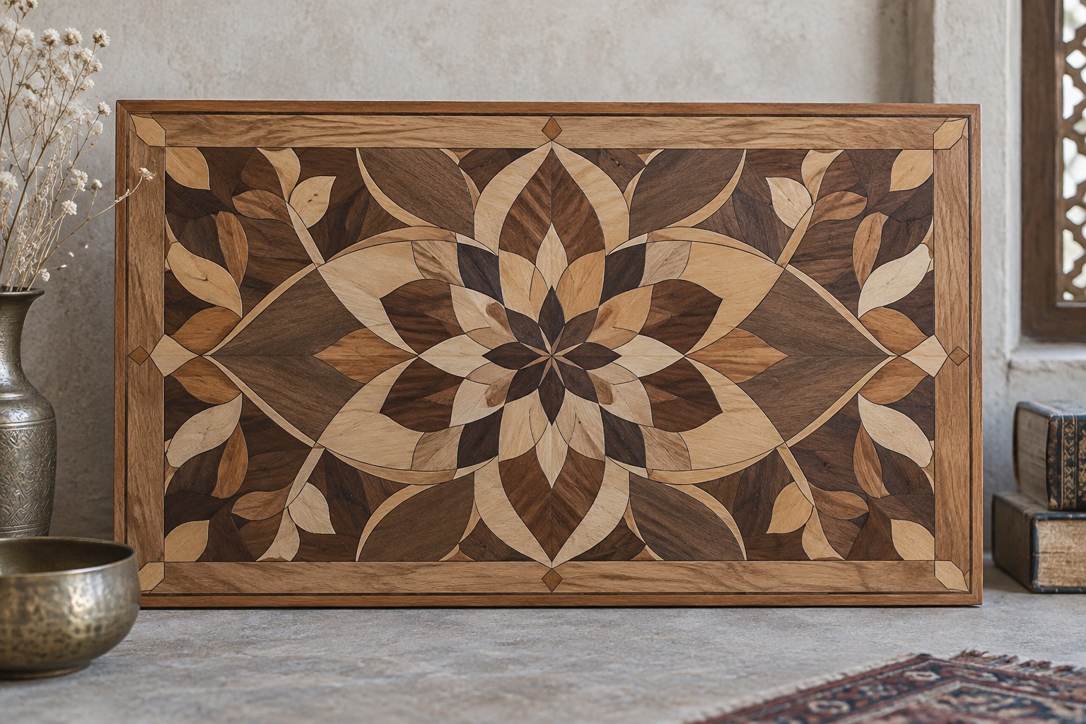 Ingelijst houten inlegpaneel met een symmetrisch bloemmotief van grote stukken hout in lichte en donkere tinten.