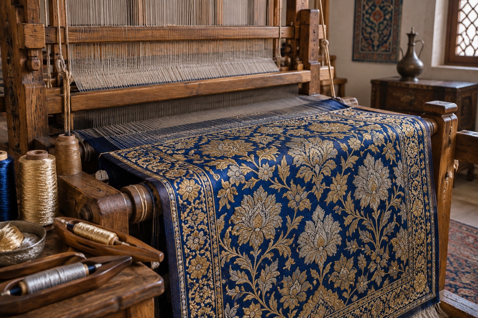 Illustration of blue Persian-style brocade with gold and silver floral motifs on a wooden loom, beside thread spools.