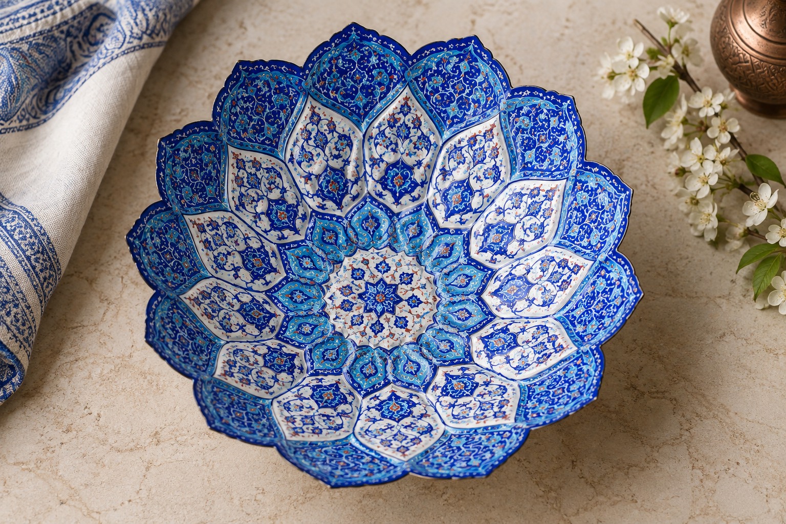 Illustration d’une coupe festonnée de style minakari, vue de dessus, ornée de motifs floraux bleus et blancs.