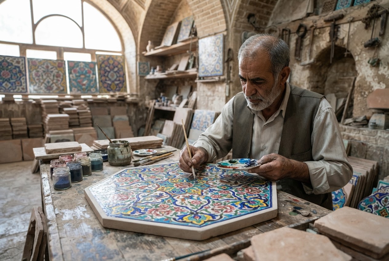 İsfahan Şah Mescidi revaklarında sarı ve kobalt mavisi tonlarıyla parıldayan Safevi dönemi yedi renkli çini panosu