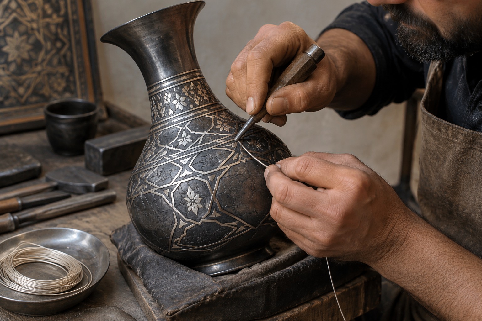 Illustration eines Handwerkers, der feinen Silberdraht mit einem Werkzeug in geometrische Muster einer dunklen Metallvase einlegt.