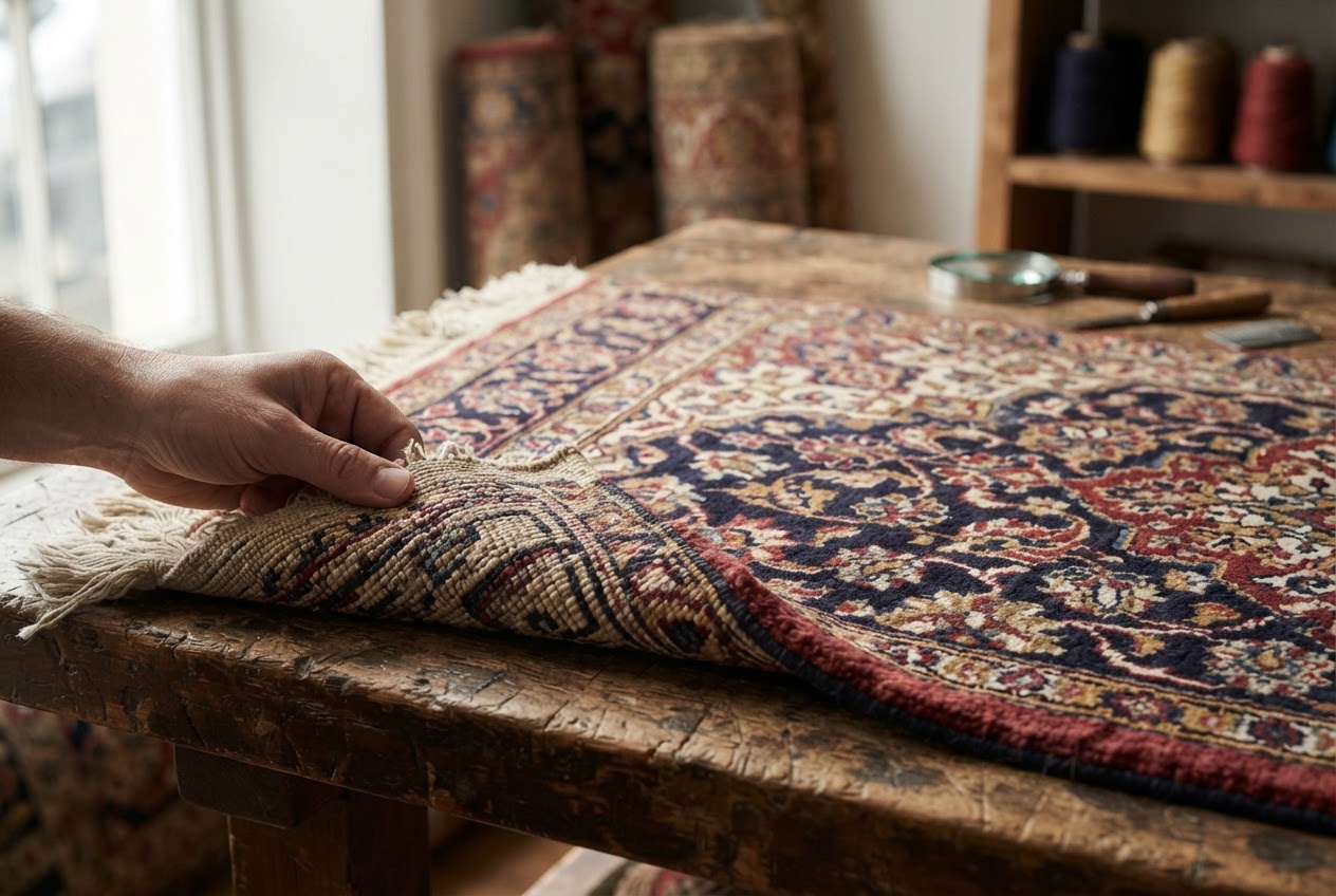 Dettaglio ravvicinato dell'annodatura a mano sul retro di un autentico tappeto persiano floreale di Isfahan