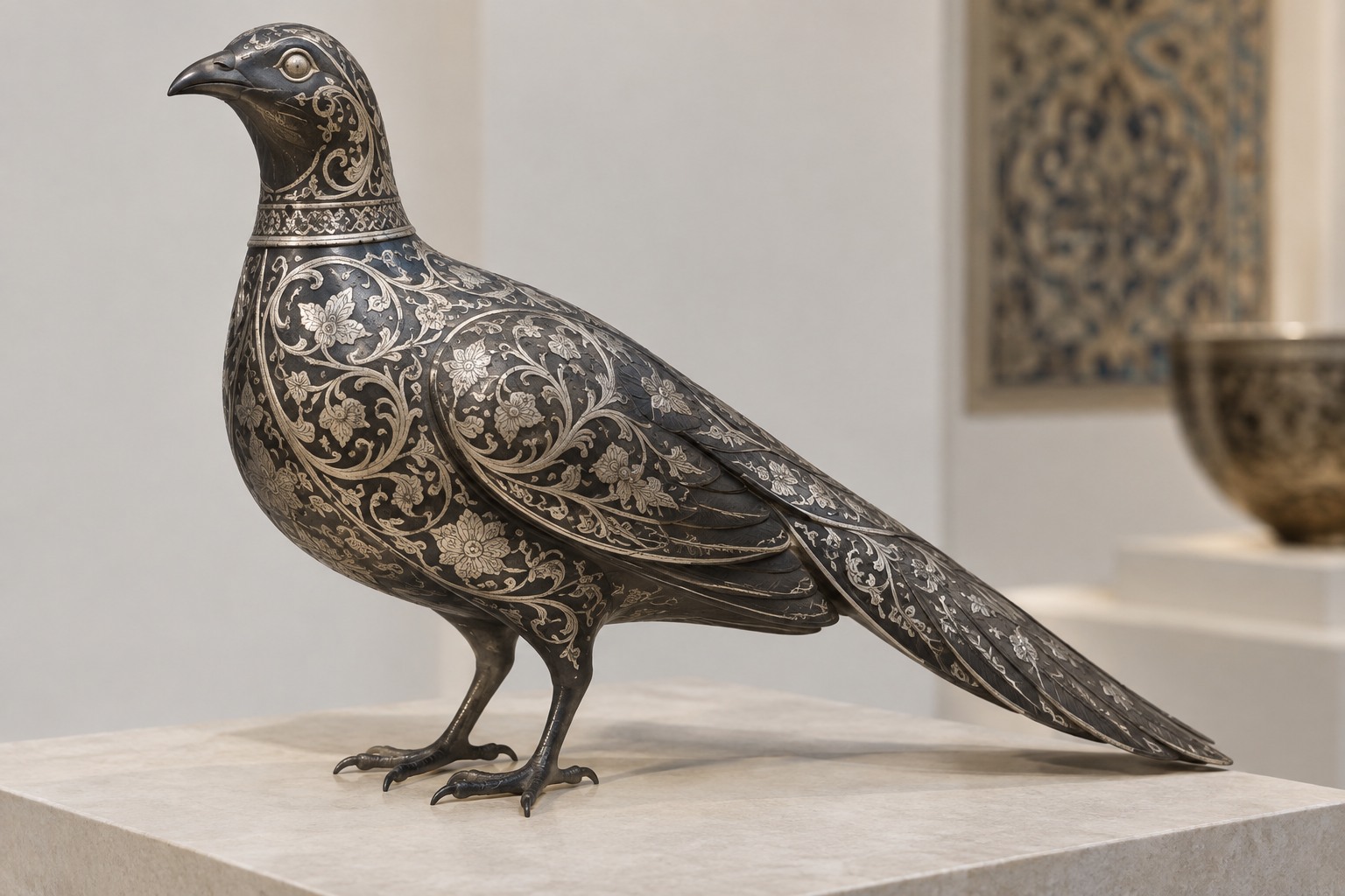 Illustration einer dunklen Vogelskulptur aus Metall mit silberfarbenen Blumenranken auf einem hellen Sockel.