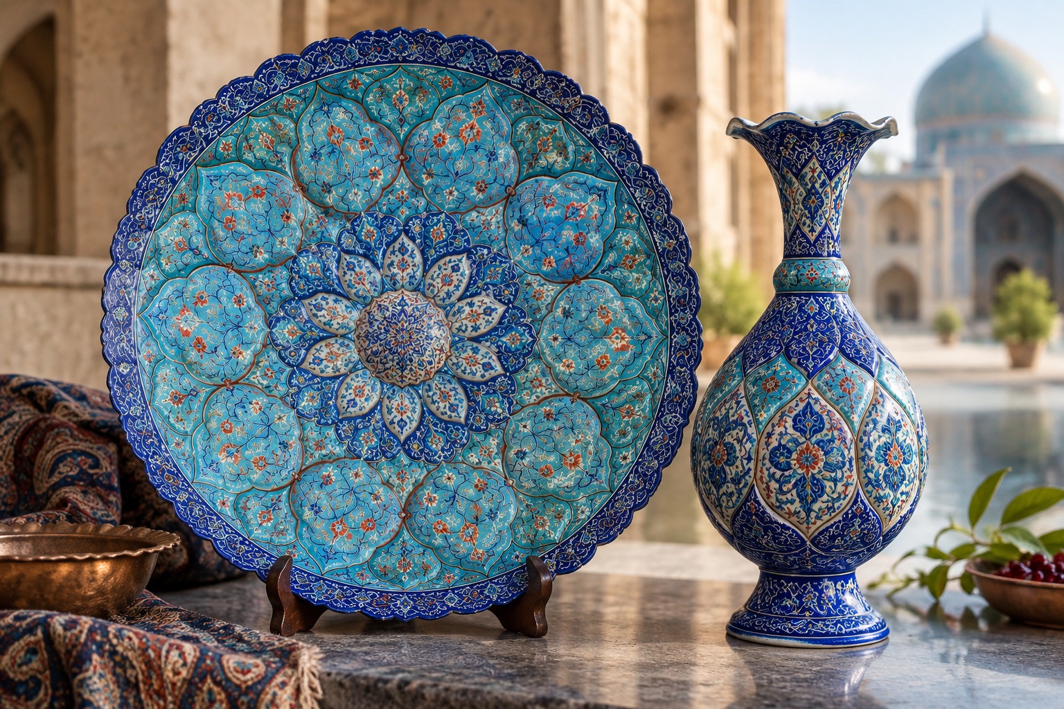 Assiette turquoise et vase bleu cobalt aux fins motifs floraux, dans le style de l’émail persan minakari.
