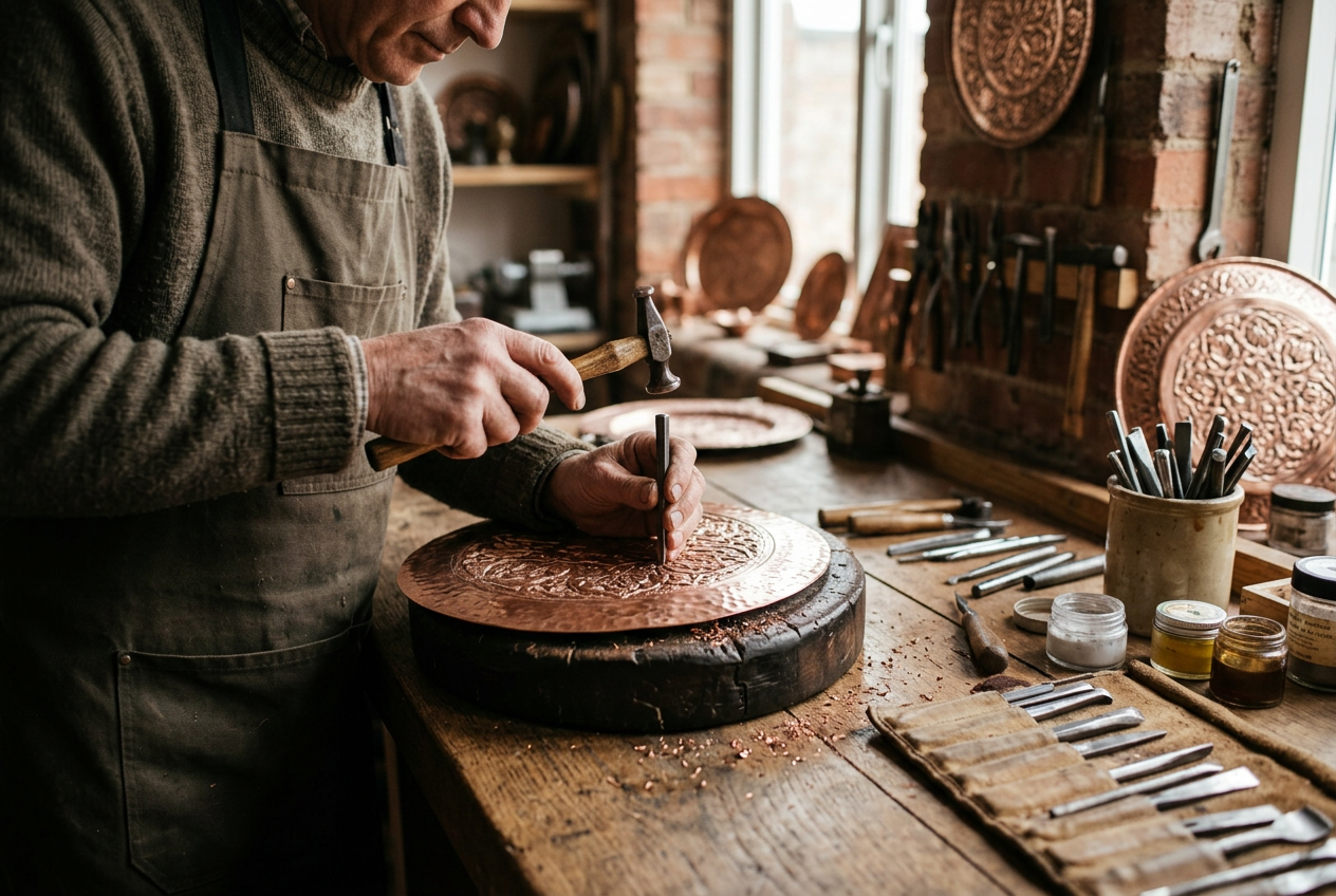 Artisan hand-chiseling intricate floral arabesques into a copper tray using traditional Ghalamzani hammers and punches