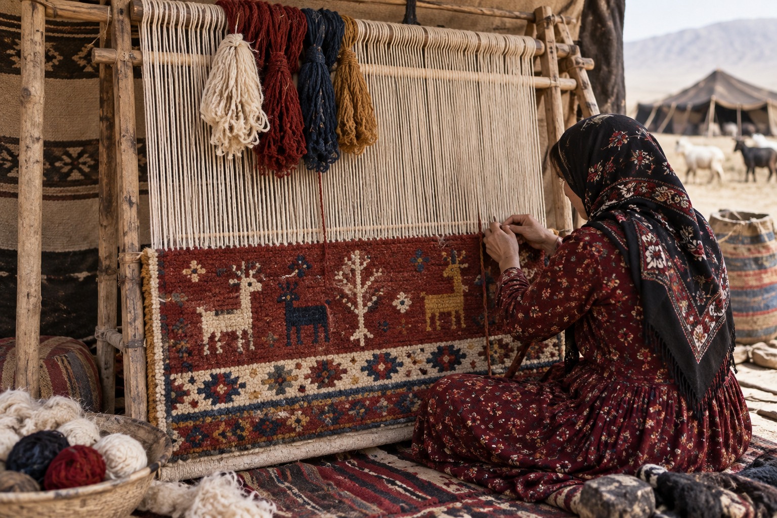 Ahşap tezgahta geometrik hayvan ve bitki motifli yün halı dokuyan bir kadının illüstrasyonu.
