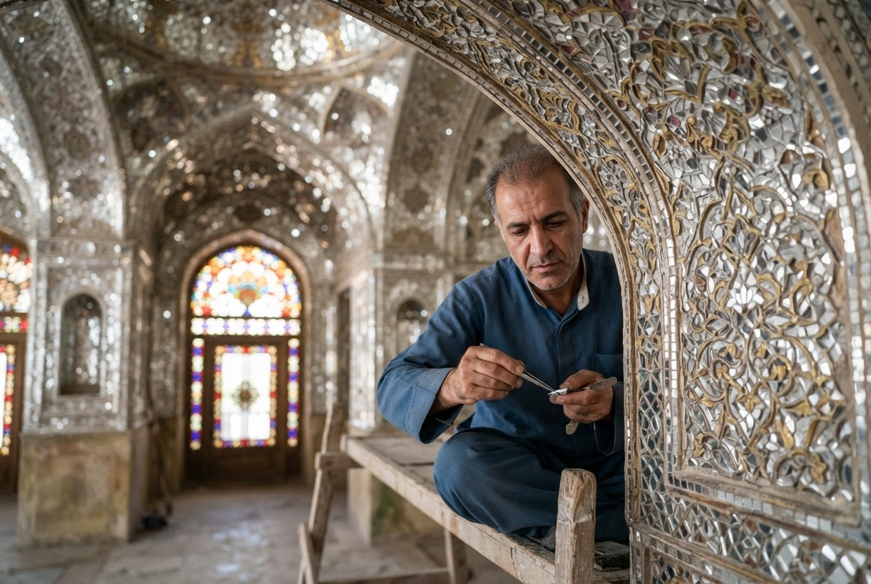 Mosaïque géométrique raffinée en ayeneh-kari reflétant la lumière sur une voûte d'un palais persan historique