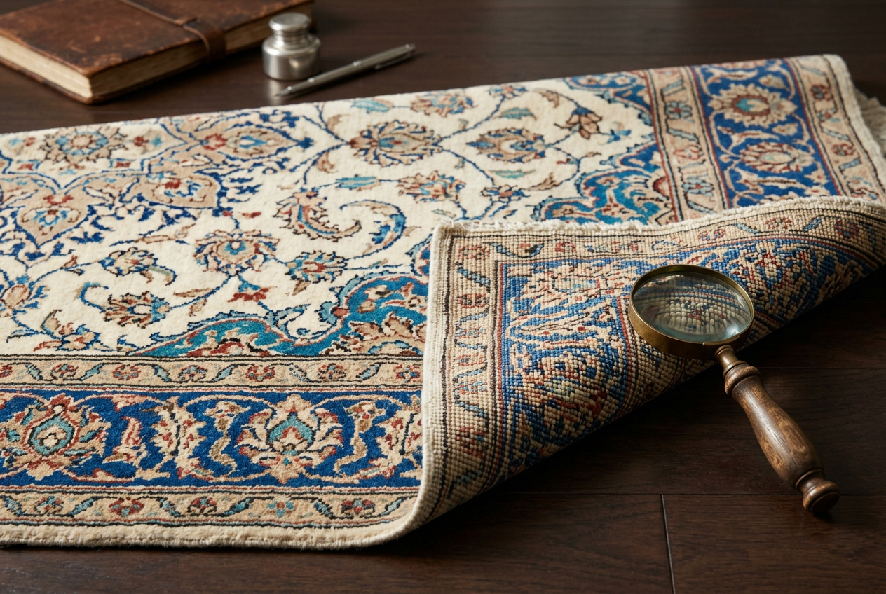 Gros plan sur l'envers noué main d'un tapis persan ancien révélant la densité des nœuds artisanaux.
