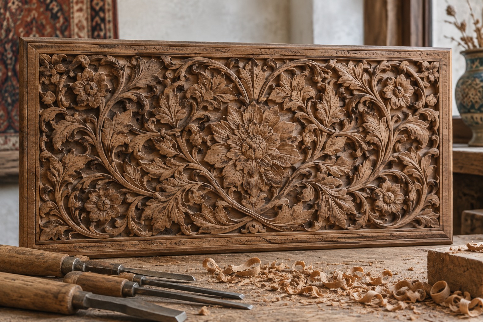Illustrazione di un pannello ligneo intagliato con fiori, foglie e volute, accanto a scalpelli e trucioli.