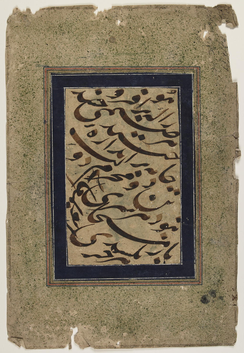 This calligraphic fragment includes several verses from Nizami's (d. 614/1218) "Divan" (Compendium of Poems). Script: nasta'liq. The composition, which recalls a number of Safavid calligraphic exercises (siyah mashq) in its formal make-up and calligraphic style, must have been executed during the 16th or 17th century.