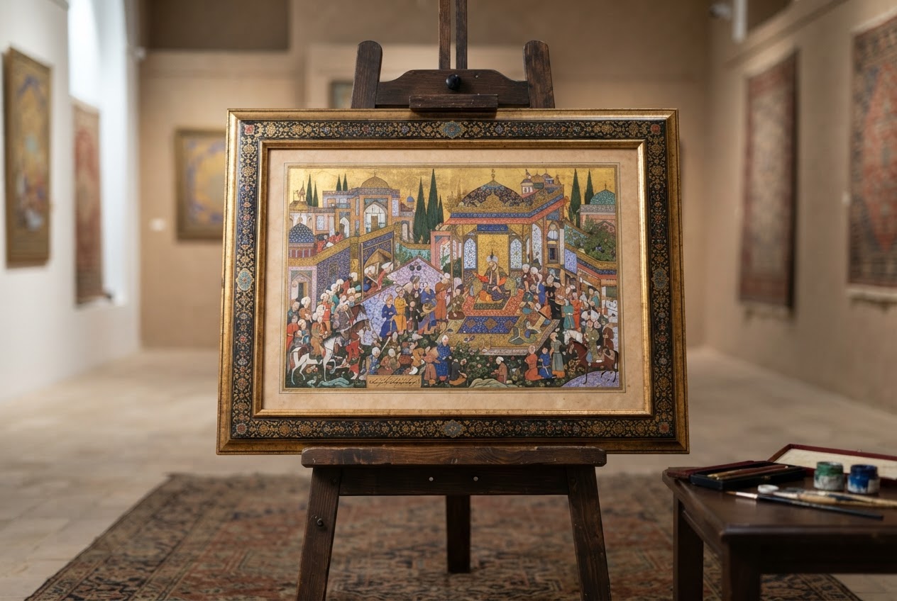 Elegante composizione pittorica ispirata alla tradizione della miniatura persiana con dettagli cromatici raffinati e figure narrative.