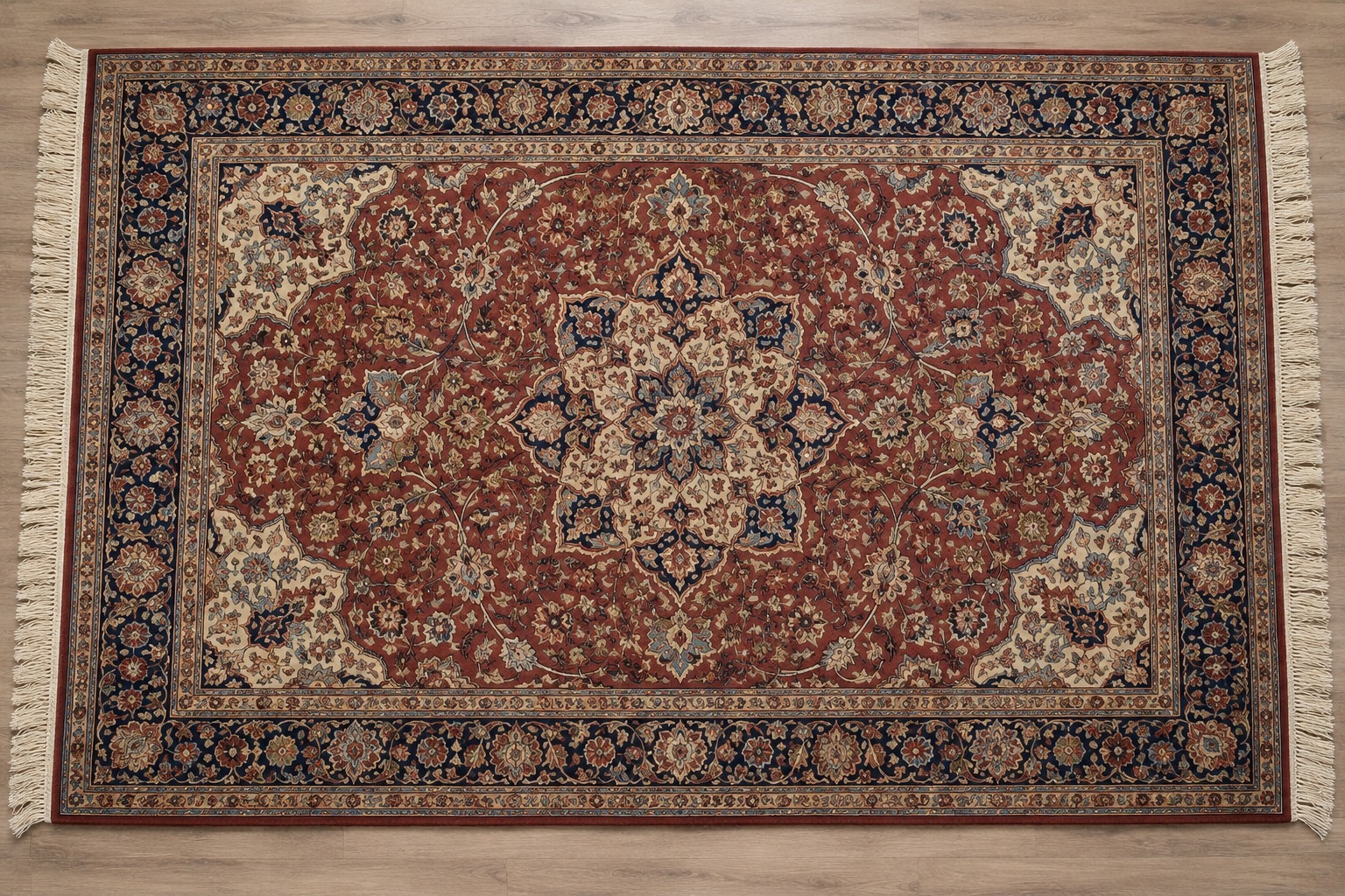 Ilustración de una alfombra persa vista desde arriba, con medallón floral, bordes ornamentados y flecos.